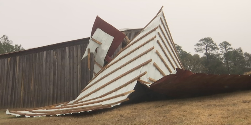 Friday’s weather takes roof off barn at Loblolly Farm in Semmes