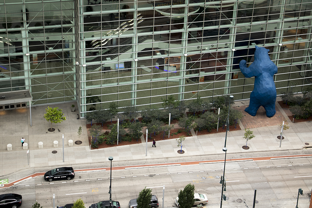 The Colorado Convention Center seen from atop the Le Meridien Hotel on California Street. (Kevin J. Beaty/Denverite)