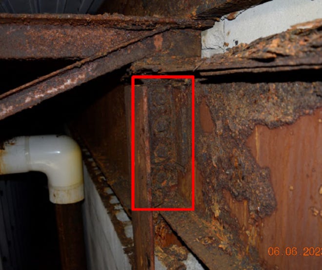 A photo taken in June during an inspection of the Tecumseh Community Memorial Pool's roof shows corrosion on the steel structure.